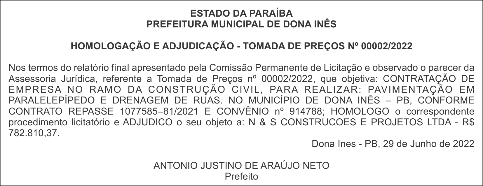 PREFEITURA MUNICIPAL DE DONA INÊS – HOMOLOGAÇÃO E ADJUDICAÇÃO – TOMADA DE PREÇOS Nº 00002/2022