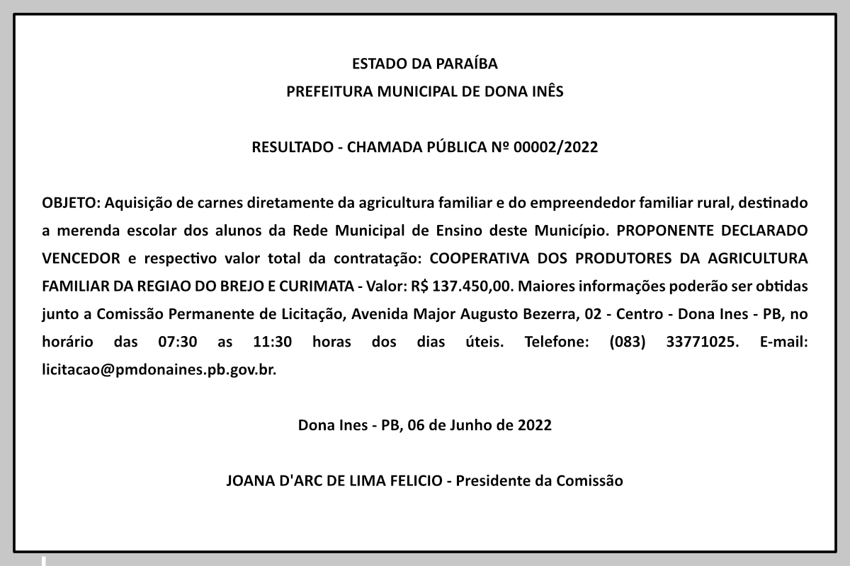 PREFEITURA MUNICIPAL DE DONA INÊS – RESULTADO – CHAMADA PÚBLICA Nº 00002/2022