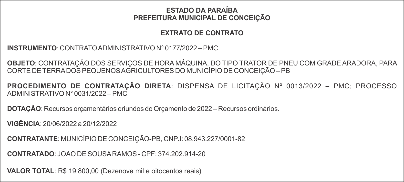 PREFEITURA MUNICIPAL DE CONCEIÇÃO – EXTRATO DE CONTRATO