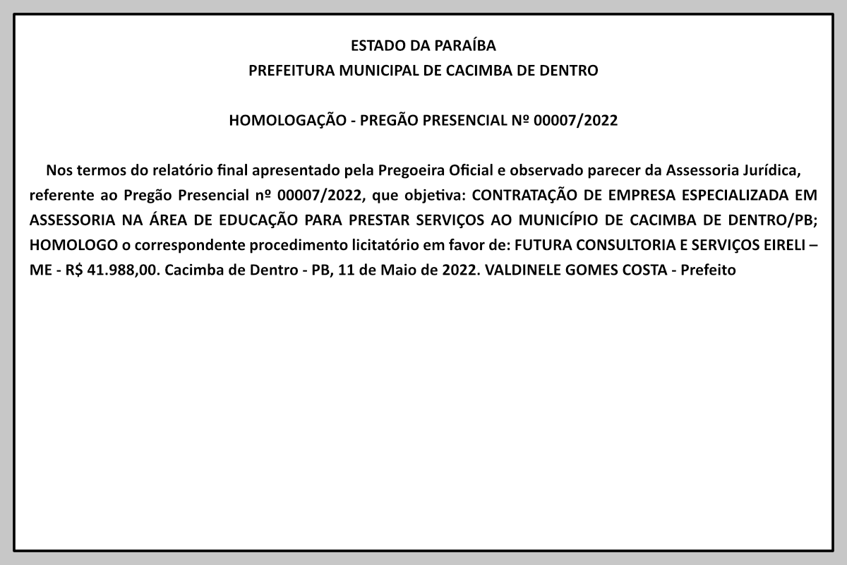 PREFEITURA MUNICIPAL DE CACIMBA DE DENTRO – HOMOLOGAÇÃO – PREGÃO PRESENCIAL Nº 00007/2022