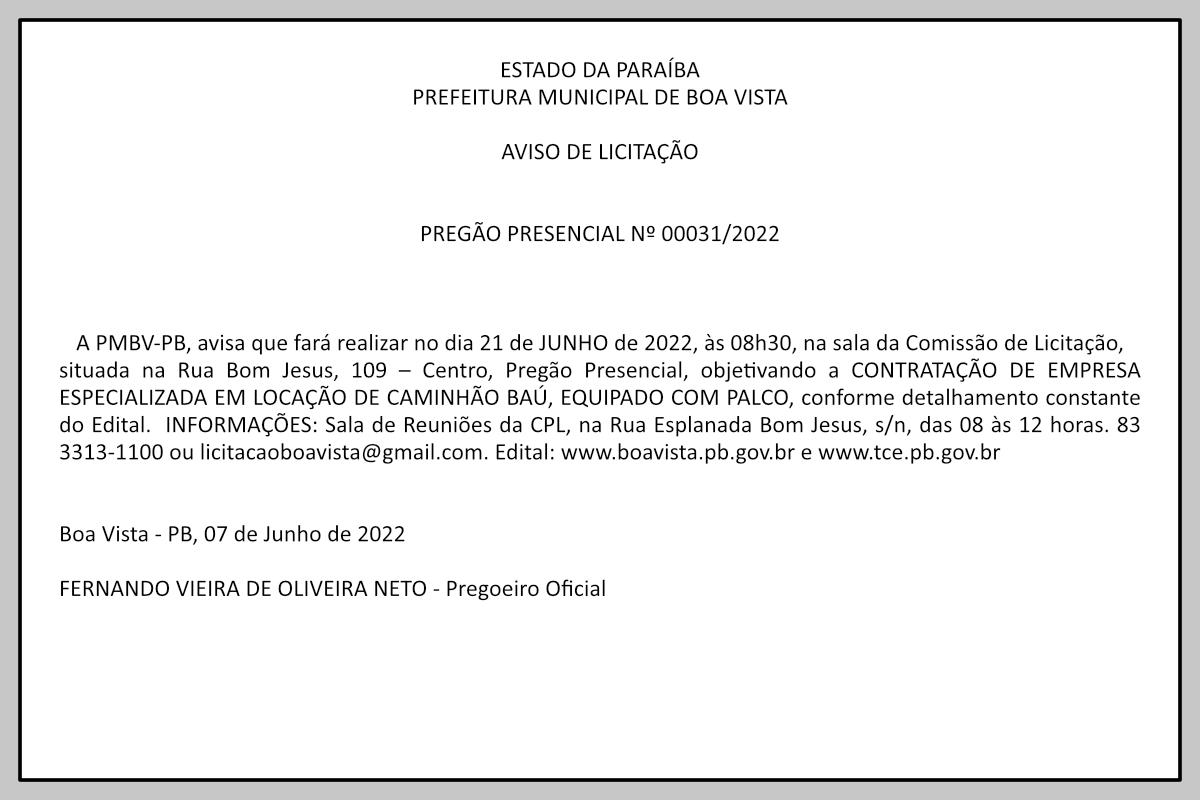 PREFEITURA MUNICIPAL DE BOA VISTA  –  AVISO DE LICITAÇÃO – PREGÃO PRESENCIAL Nº 00031/2022