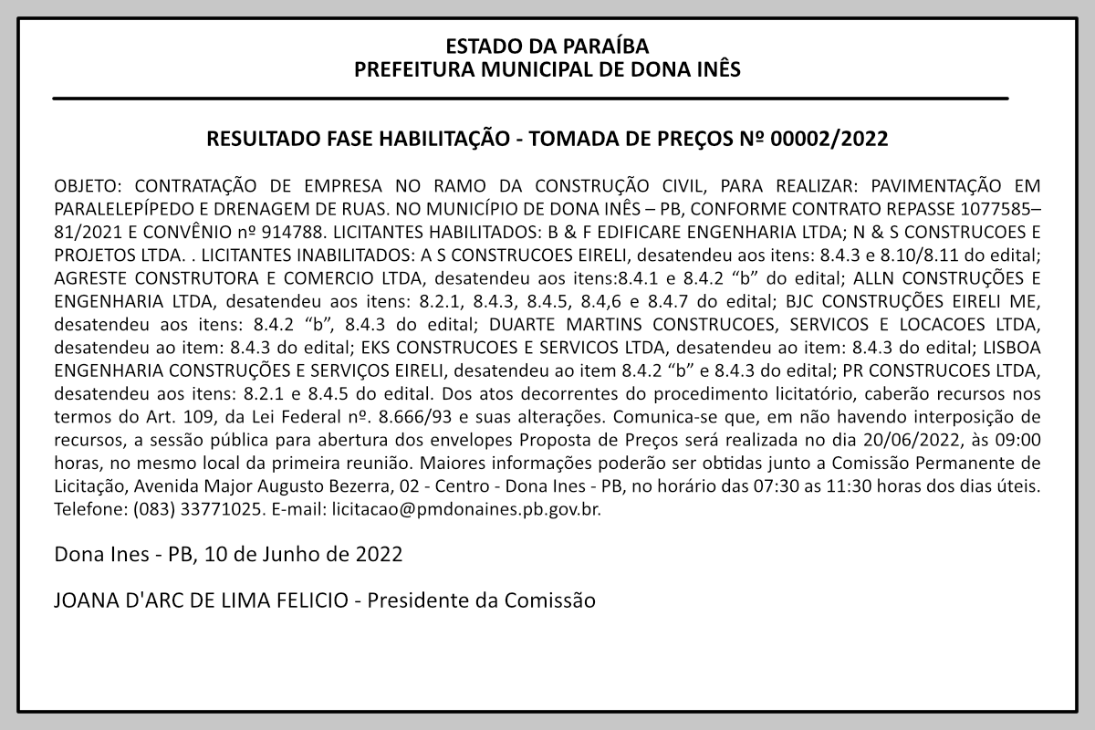 PREFEITURA MUNICIPAL DE DONA INÊS – RESULTADO FASE HABILITAÇÃO – TOMADA DE PREÇOS Nº 00002/2022