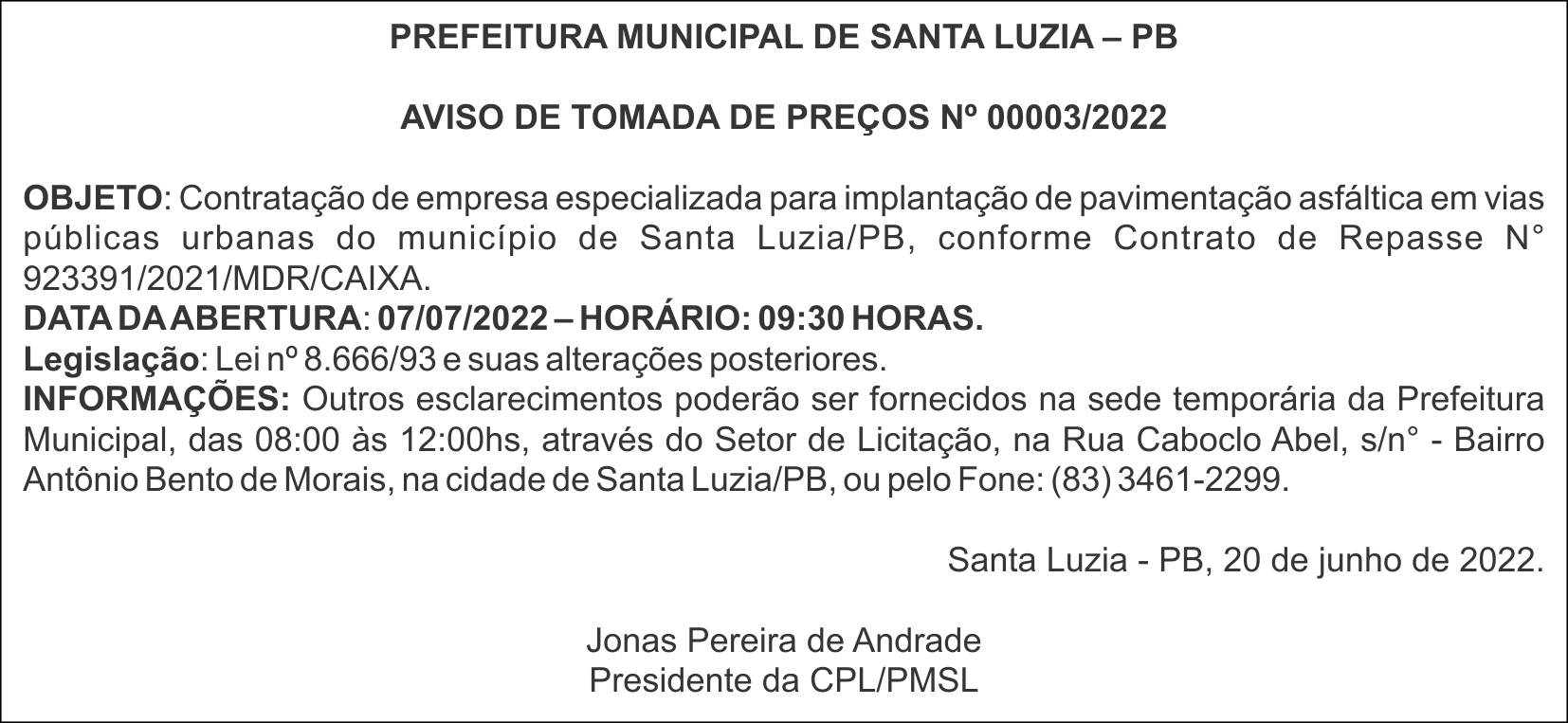 PREFEITURA MUNICIPAL DE SANTA LUZIA – PB – AVISO DE TOMADA DE PREÇOS Nº 00003/2022