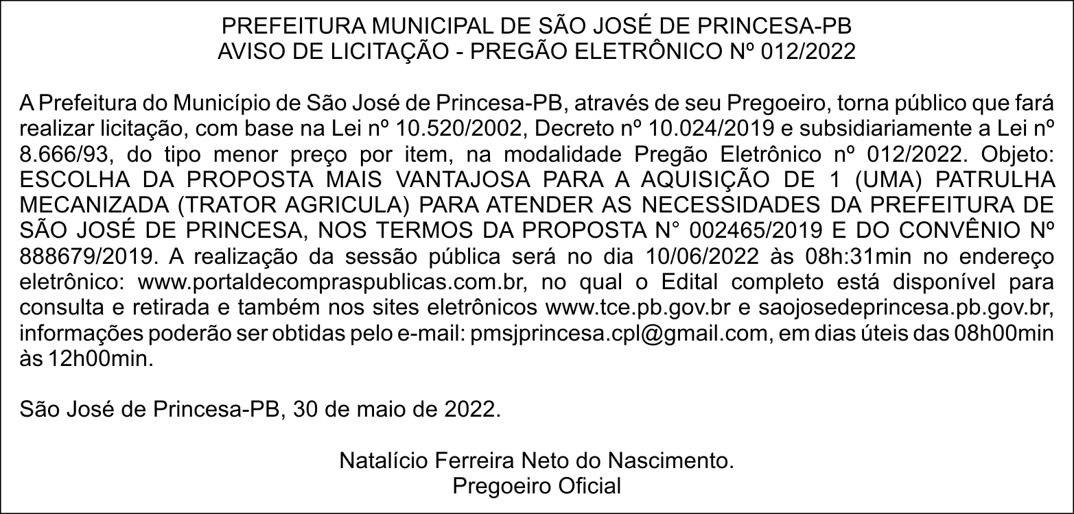PREFEITURA MUNICIPAL DE SÃO JOSÉ DE PRINCESA-PB -AVISO DE LICITAÇÃO – PREGÃO ELETRÔNICO Nº 012/2022