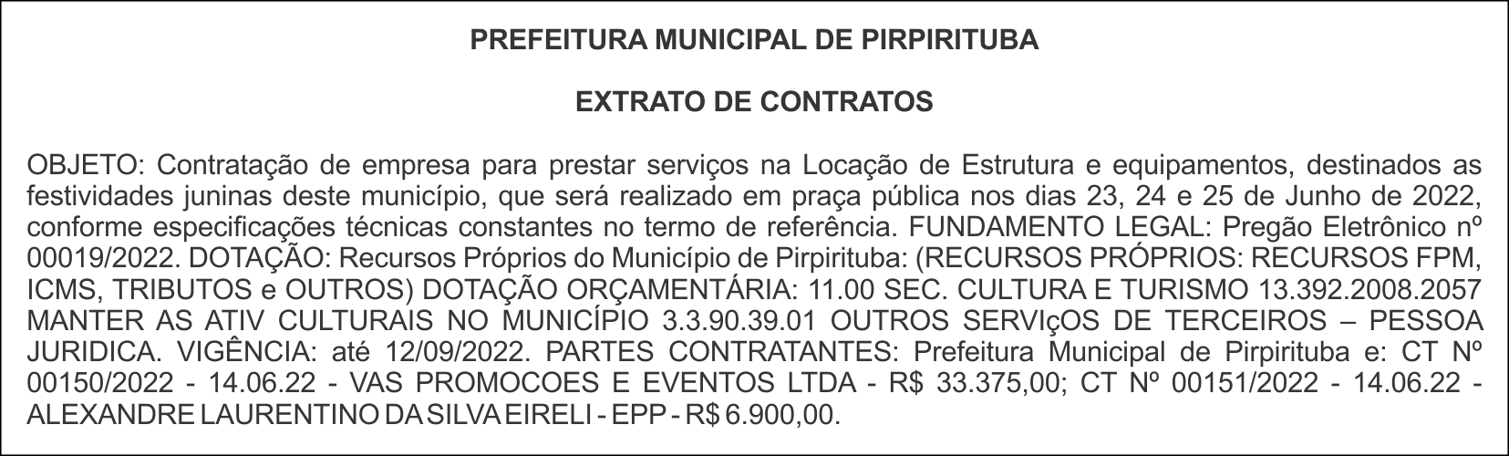 PREFEITURA MUNICIPAL DE PIRPIRITUBA  – EXTRATO DE CONTRATOS