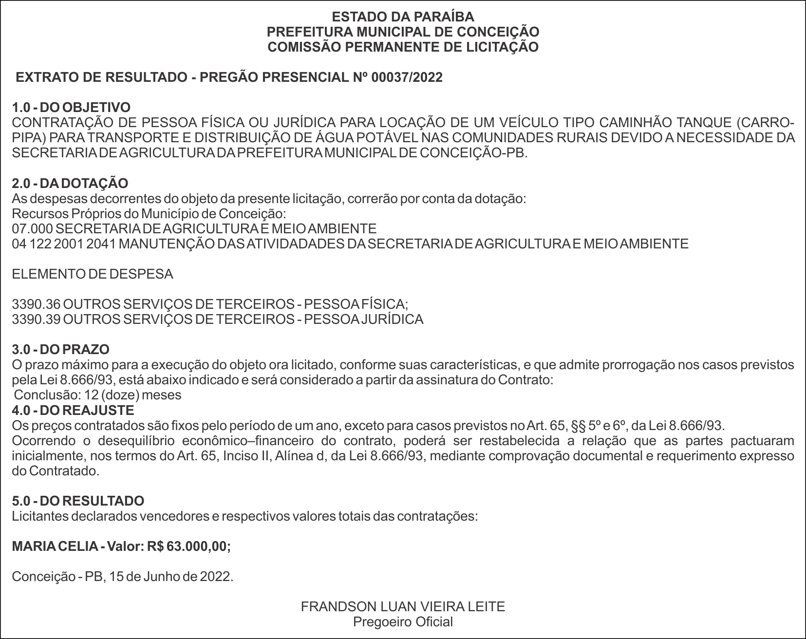 PREFEITURA MUNICIPAL DE CONCEIÇÃO – EXTRATO DE RESULTADO – PREGÃO PRESENCIAL Nº 00037/2022