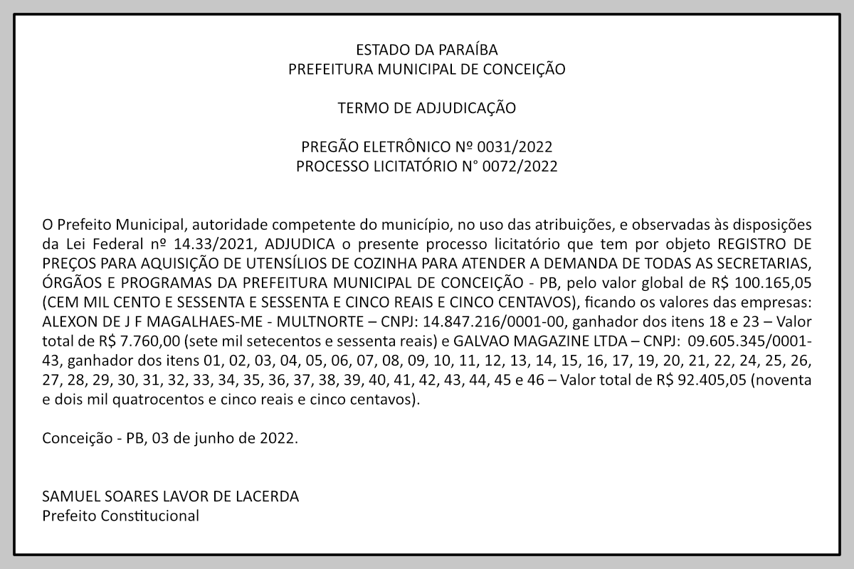 PREFEITURA MUNICIPAL DE CONCEIÇÃO – TERMO DE ADJUDICAÇÃO – PREGÃO ELETRÔNICO Nº 0031/2022 – PROCESSO LICITATÓRIO N° 0072/2022