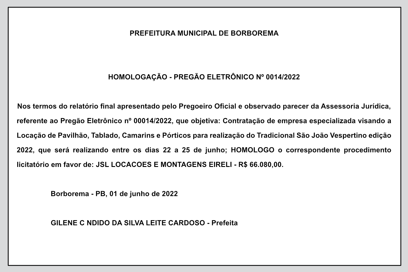PREFEITURA MUNICIPAL DE BORBOREMA – HOMOLOGAÇÃO – PREGÃO ELETRÔNICO Nº 0014/2022
