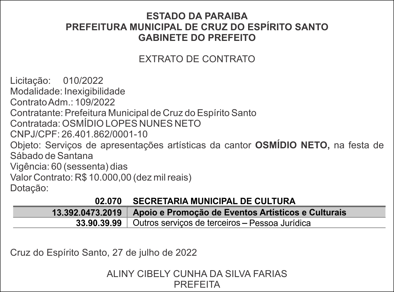 PREFEITURA MUNICIPAL DE CRUZ DO ESPÍRITO SANTO – EXTRATO DE CONTRATO