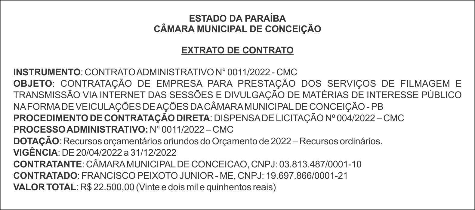 CÂMARA MUNICIPAL DE CONCEIÇÃO  – EXTRATO DE CONTRATO