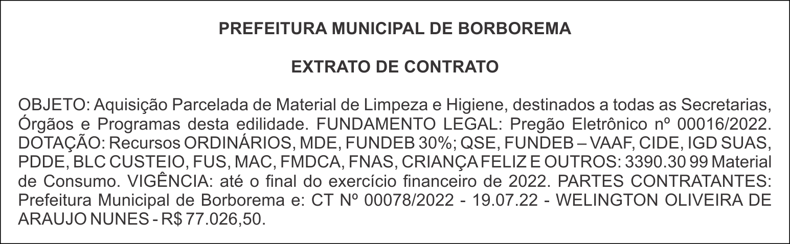 PREFEITURA MUNICIPAL DE BORBOREMA – EXTRATO DE CONTRATO