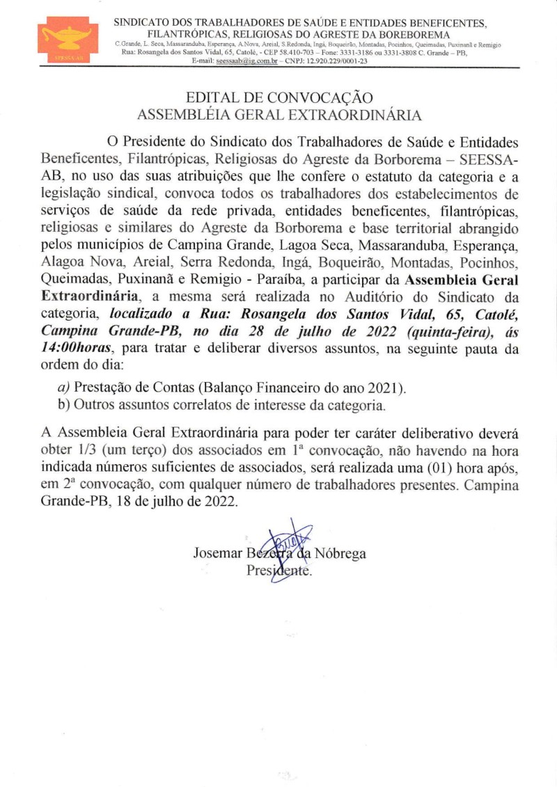 SEESSA-AB – EDITAL DE CONVOCAÇÃO – ASSEMBLEIA GERAL EXTRAORDINÁRIA