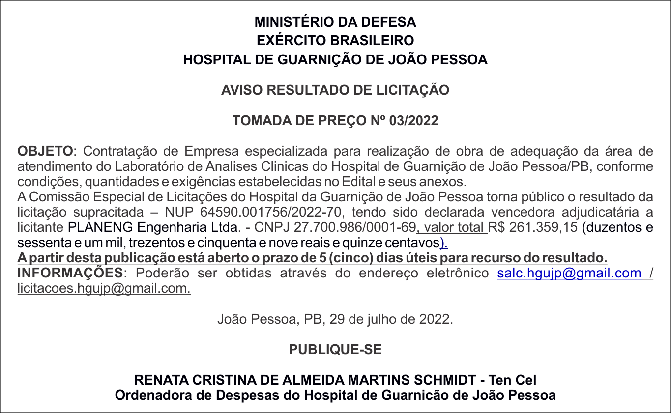 HOSPITAL DE GUARNIÇÃO DE JOÃO PESSOA – AVISO RESULTADO DE LICITAÇÃO – TOMADA DE PREÇO Nº 03/2022