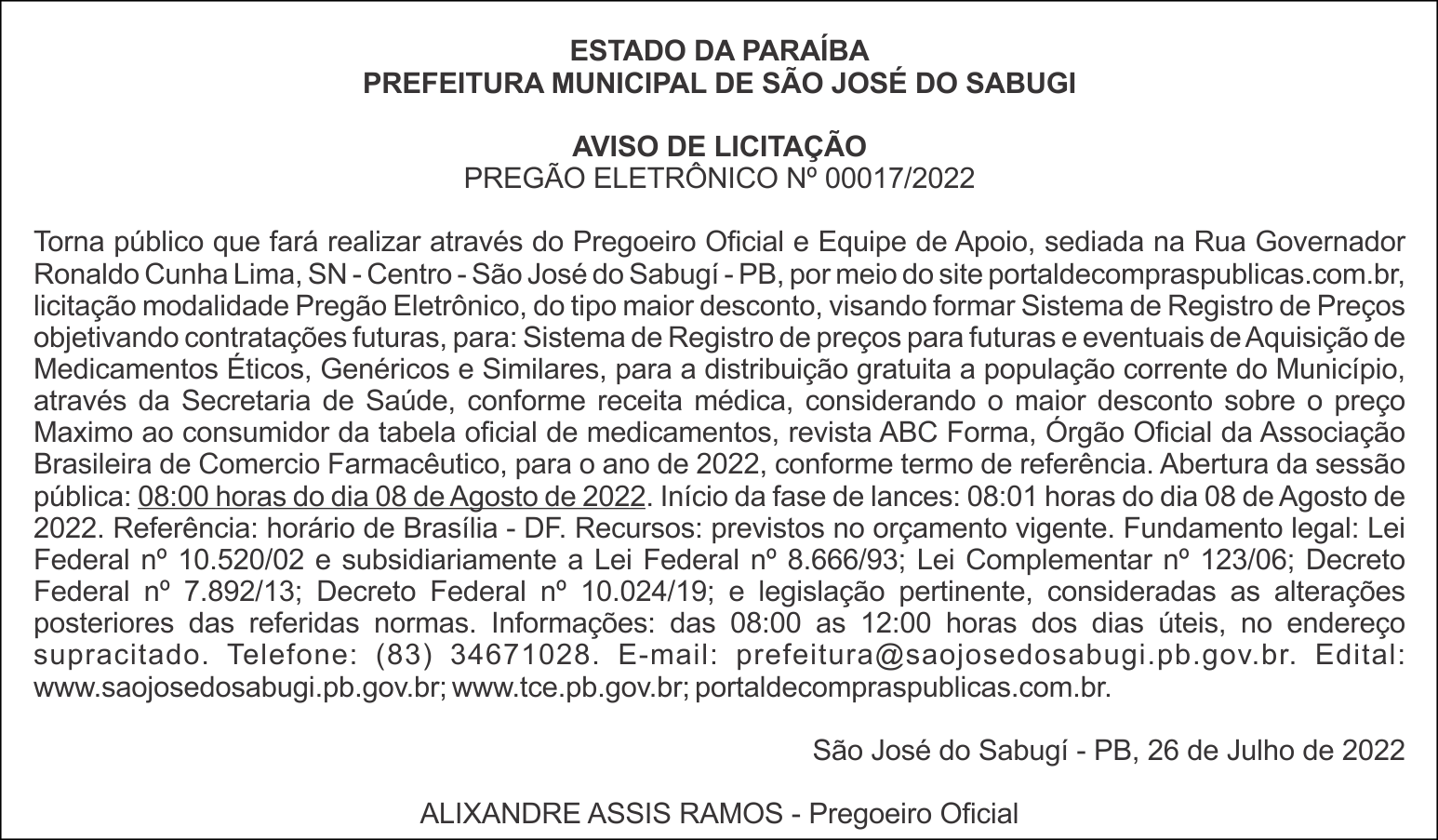 PREFEITURA MUNICIPAL DE SÃO JOSÉ DO SABUGI – AVISO DE LICITAÇÃO – PREGÃO ELETRÔNICO Nº 00017/2022