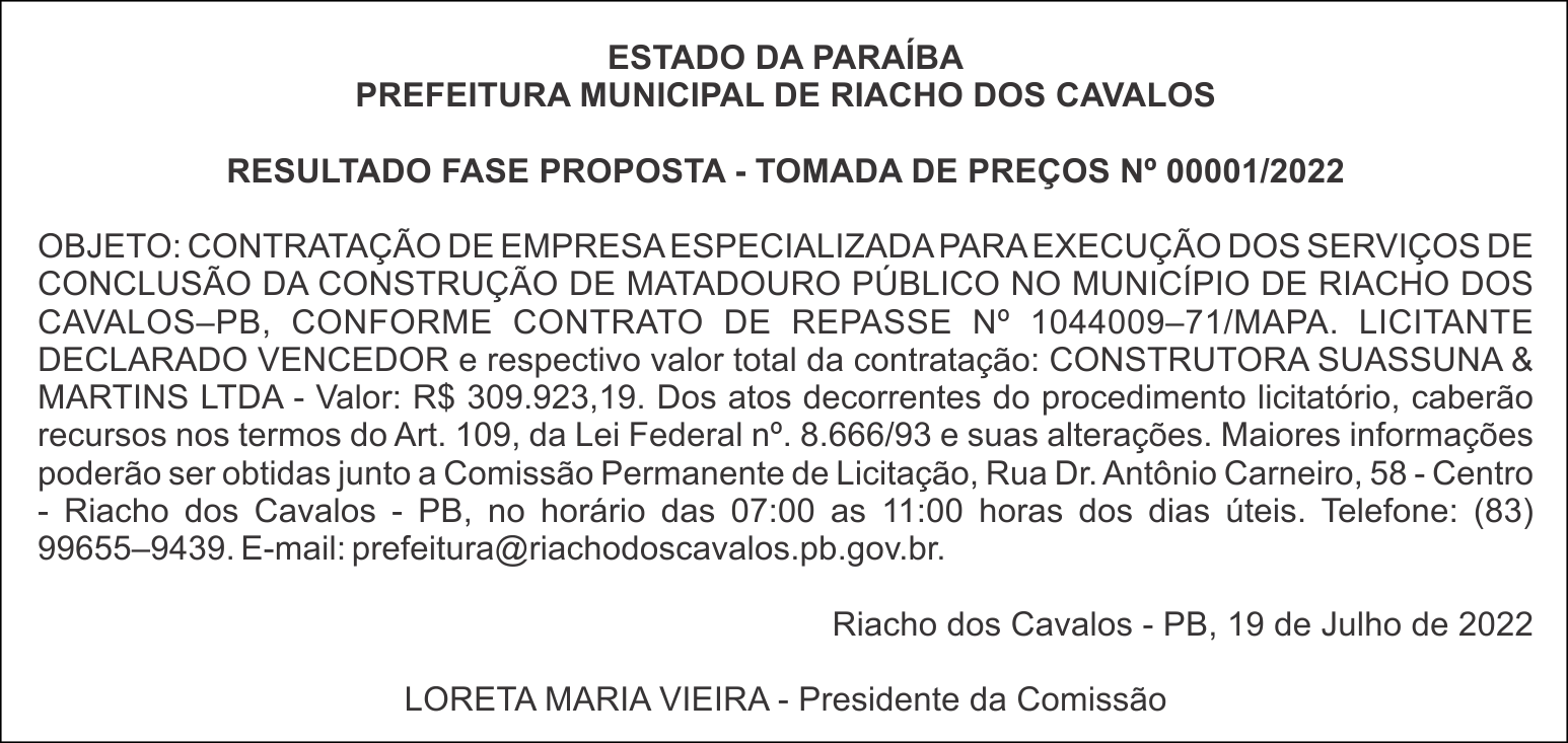 PREFEITURA MUNICIPAL DE RIACHO DOS CAVALOS  – RESULTADO FASE PROPOSTA – TOMADA DE PREÇOS Nº 00001/2022