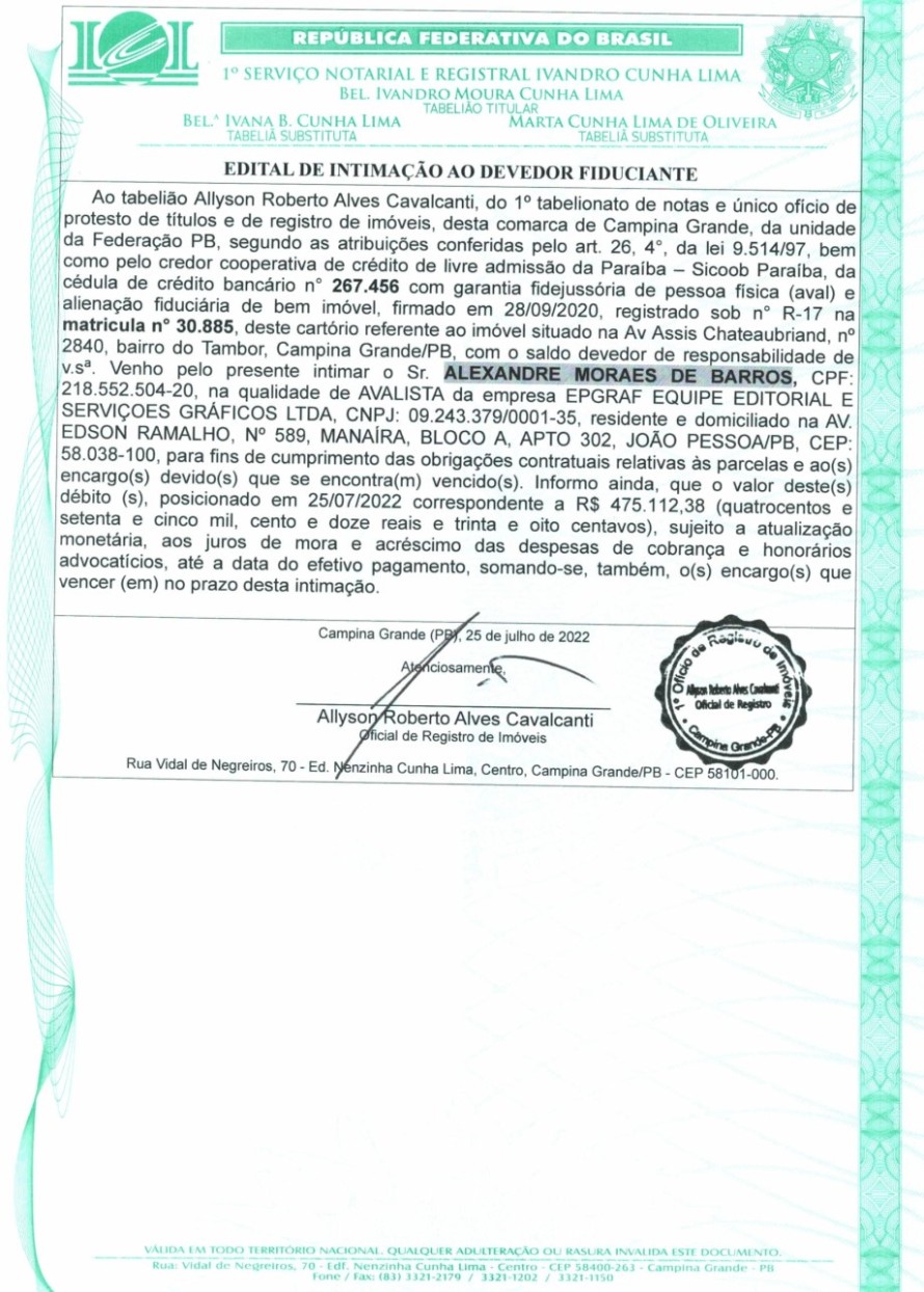 EDITAL DE INTIMAÇÃO AO DEVEDOR FIDUCIANTE