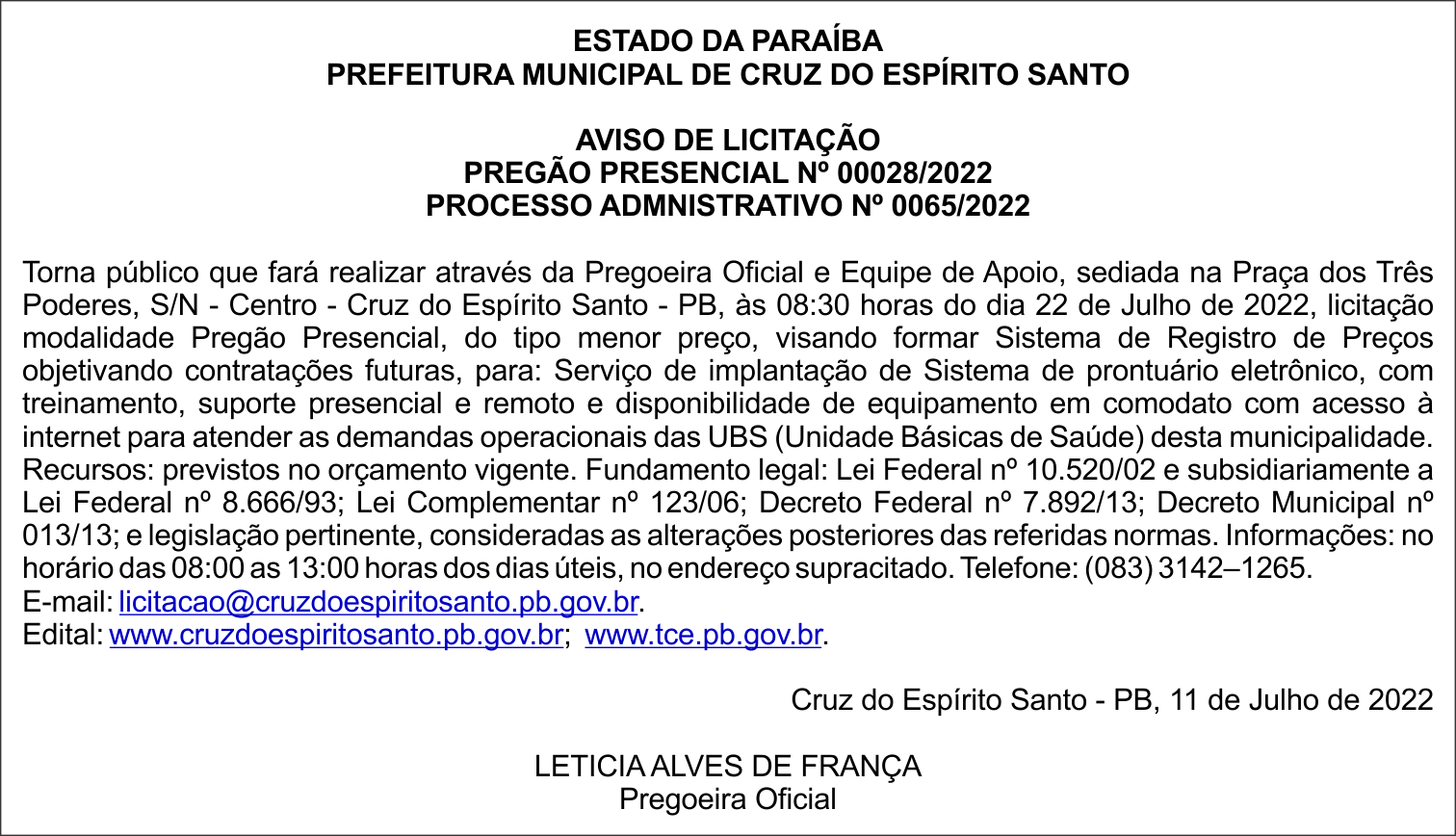 PREFEITURA MUNICIPAL DE CRUZ DO ESPÍRITO SANTO – AVISO DE LICITAÇÃO – PREGÃO PRESENCIAL Nº 00028/2022