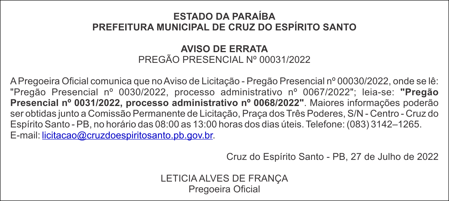 PREFEITURA MUNICIPAL DE CRUZ DO ESPÍRITO SANTO  –  AVISO DE ERRATA – PREGÃO PRESENCIAL Nº 00031/2022