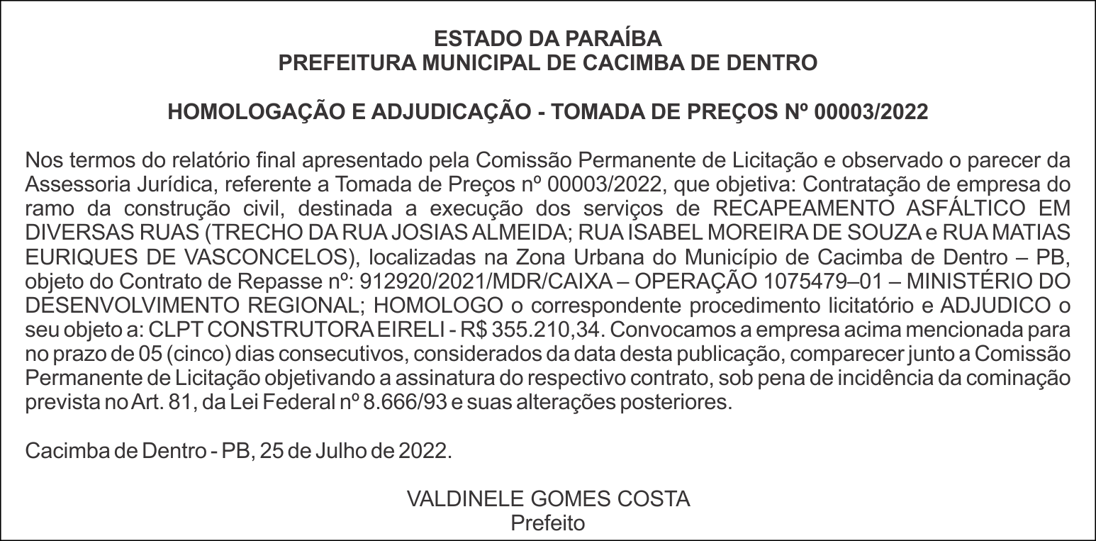 PREFEITURA MUNICIPAL DE CACIMBA DE DENTRO – HOMOLOGAÇÃO E ADJUDICAÇÃO – TOMADA DE PREÇOS Nº 00003/2022
