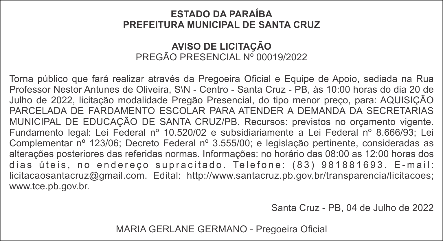 PREFEITURA MUNICIPAL DE SANTA CRUZ – AVISO DE LICITAÇÃO – PREGÃO PRESENCIAL Nº 00019/2022