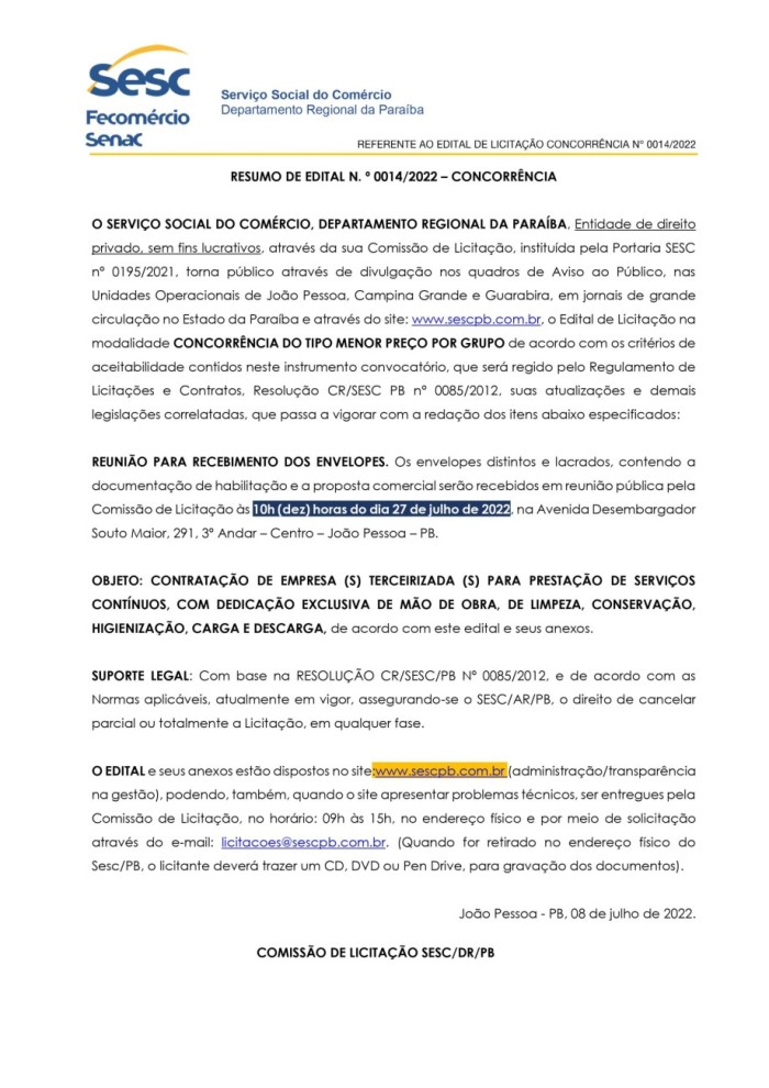 SESC – RESUMO DE EDITAL N. º 0014/2022 – CONCORRÊNCIA