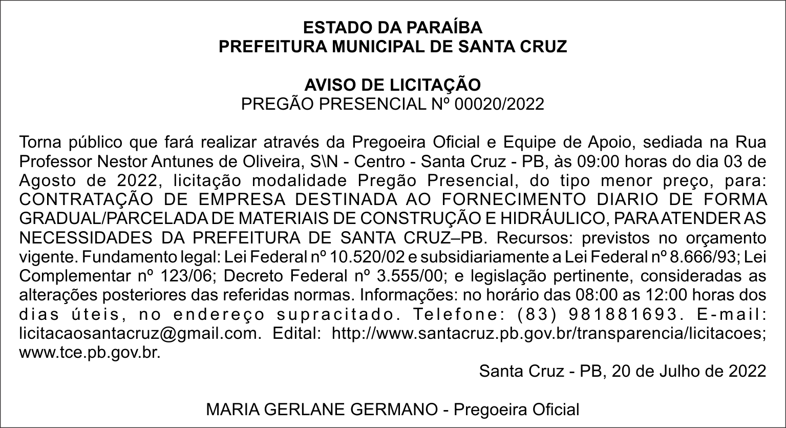PREFEITURA MUNICIPAL DE SANTA CRUZ  – AVISO DE LICITAÇÃO – PREGÃO PRESENCIAL Nº 00020/2022