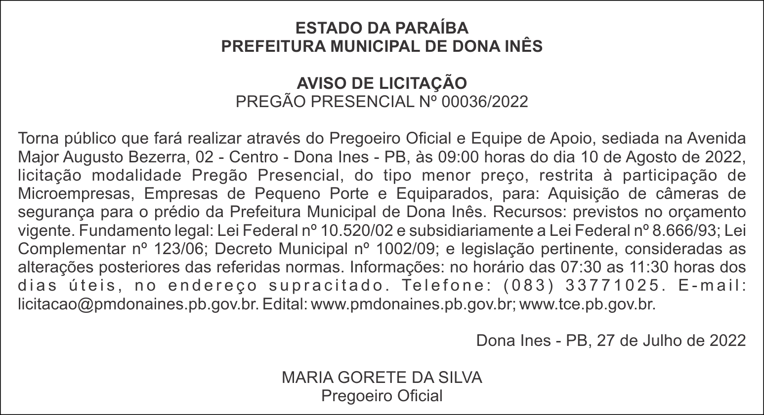 PREFEITURA MUNICIPAL DE DONA INÊS – AVISO DE LICITAÇÃO – PREGÃO PRESENCIAL Nº 00036/2022