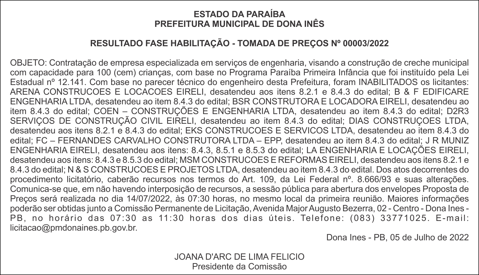 PREFEITURA MUNICIPAL DE DONA INÊS  – RESULTADO FASE HABILITAÇÃO – TOMADA DE PREÇOS Nº 00003/2022