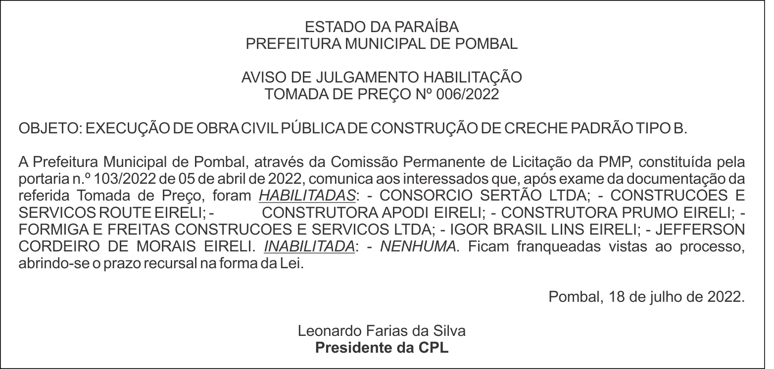 PREFEITURA MUNICIPAL DE POMBAL – AVISO DE JULGAMENTO – HABILITAÇÃO – TOMADA DE PREÇO Nº 006/2022