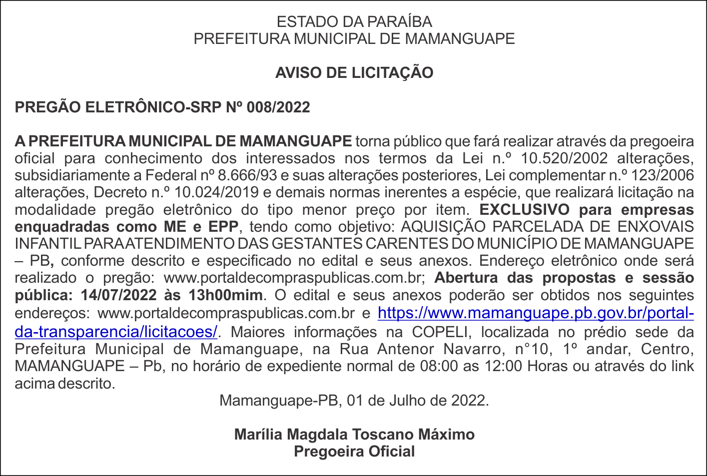 PREFEITURA MUNICIPAL DE MAMANGUAPE – AVISO DE LICITAÇÃO – PREGÃO ELETRÔNICO-SRP Nº 008/2022
