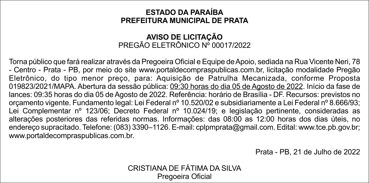 PREFEITURA MUNICIPAL DE PRATA – AVISO DE LICITAÇÃO – PREGÃO ELETRÔNICO Nº 00017/2022