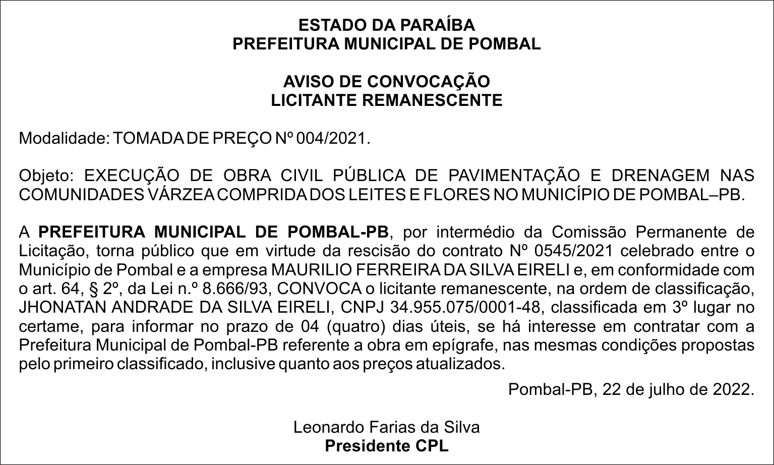 PREFEITURA MUNICIPAL DE POMBAL – AVISO DE CONVOCAÇÃO – TOMADA DE PREÇO Nº 004/2021