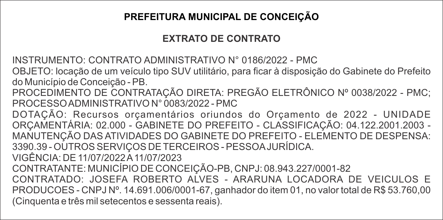 PREFEITURA MUNICIPAL DE CONCEIÇÃO  – EXTRATO DE CONTRATO