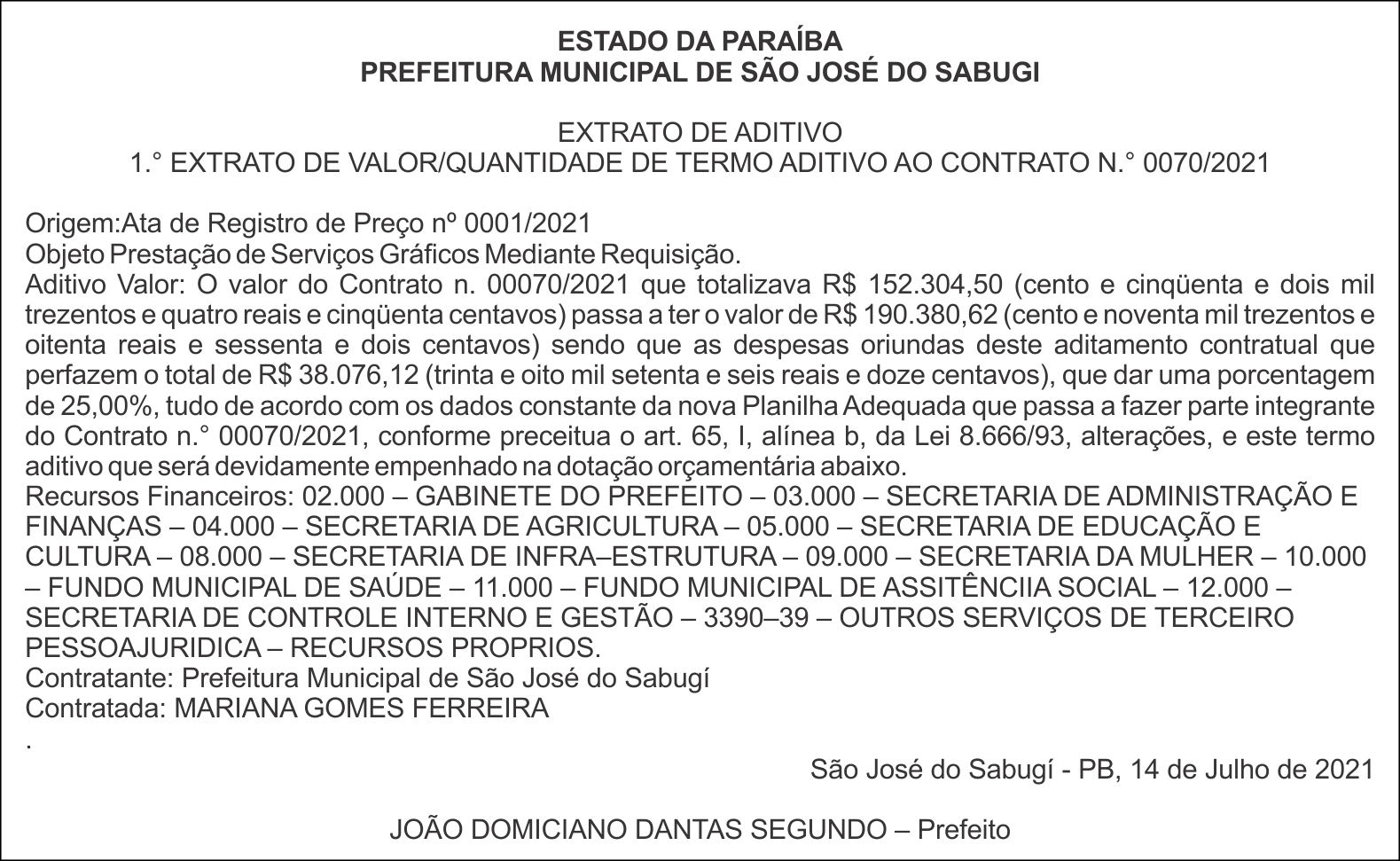 PREFEITURA MUNICIPAL DE SÃO JOSÉ DO SABUGI – 1° EXTRATO DE VALOR/QUANTIDADE DE TERMO ADITIVO AO CONTRATO N.° 0070/2021