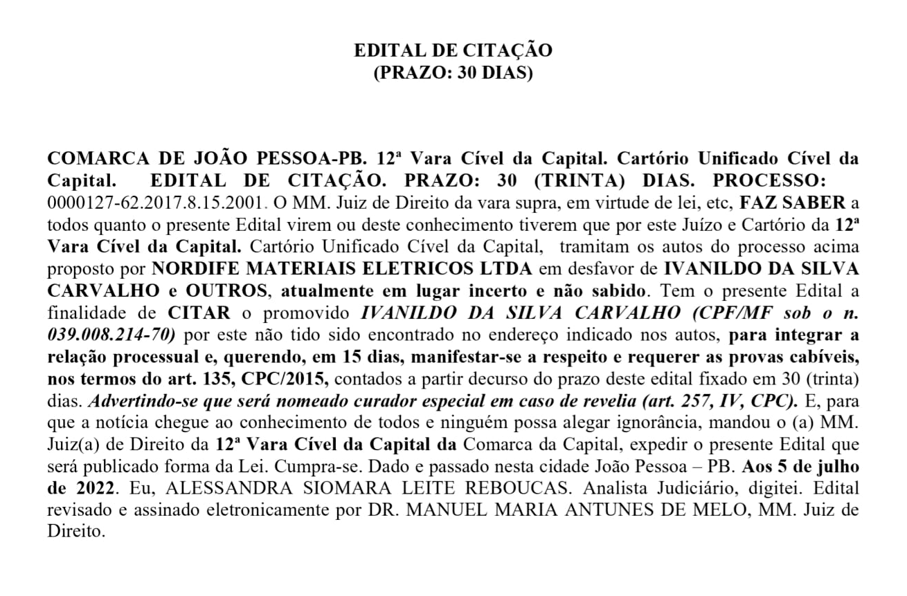 EDITAL DE CITAÇÃO – PROCESSO DE Nº 0000127-62.2017.8.15.2001.