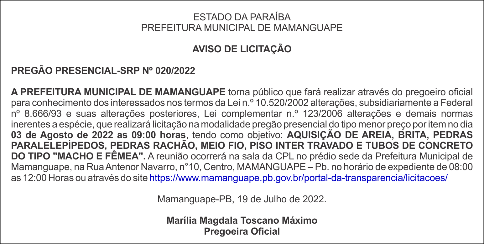 PREFEITURA MUNICIPAL DE MAMANGUAPE  – AVISO DE LICITAÇÃO  – PREGÃO PRESENCIAL-SRP Nº 020/2022