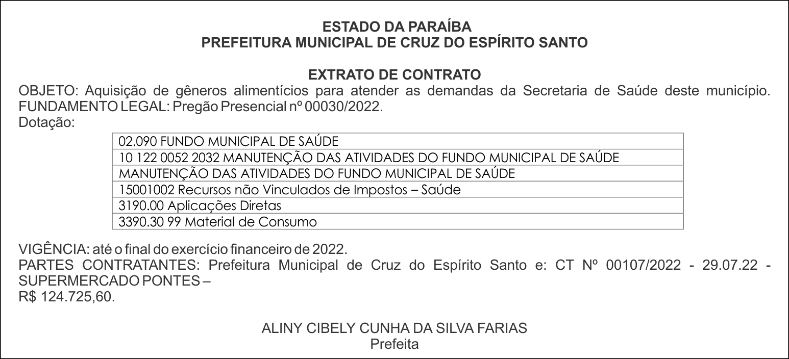 PREFEITURA MUNICIPAL DE CRUZ DO ESPÍRITO SANTO – EXTRATO DE CONTRATO