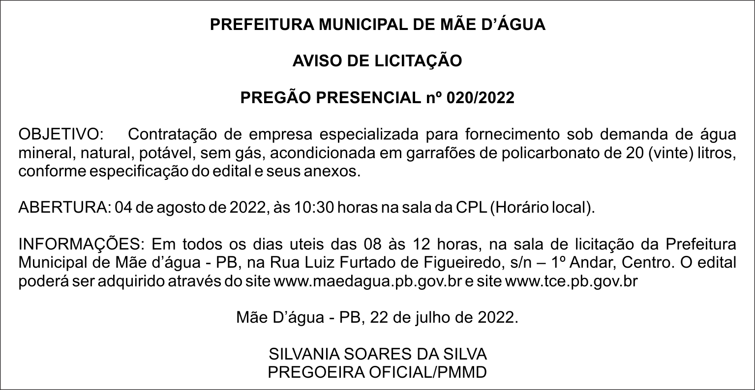 PREFEITURA MUNICIPAL DE MÃE D’ÁGUA – AVISO DE LICITAÇÃO  –  PREGÃO PRESENCIAL nº 020/2022