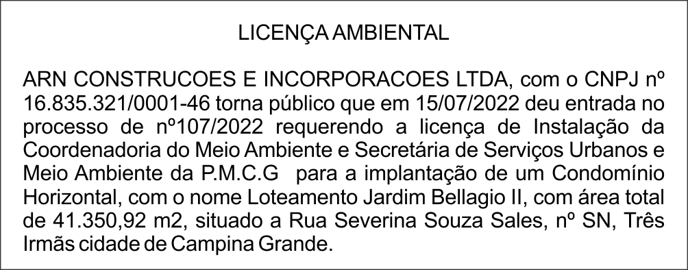 ARN CONSTRUCOES E INCORPORACOES LTDA – LICENÇA AMBIENTAL