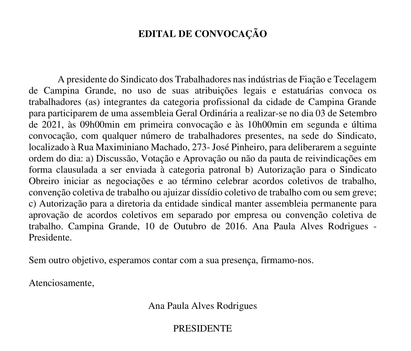 Sindicato dos Trabalhadores nas Indústrias de Fiação e Tecelagem de Campina Grande – Edital de Convocação