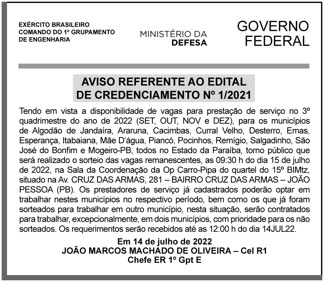 CMDO 1º GPTE – JOÃO PESSOA – PB – AVISO REFERENTE AO EDITAL DE CREDENCIAMENTO Nº 1/2021