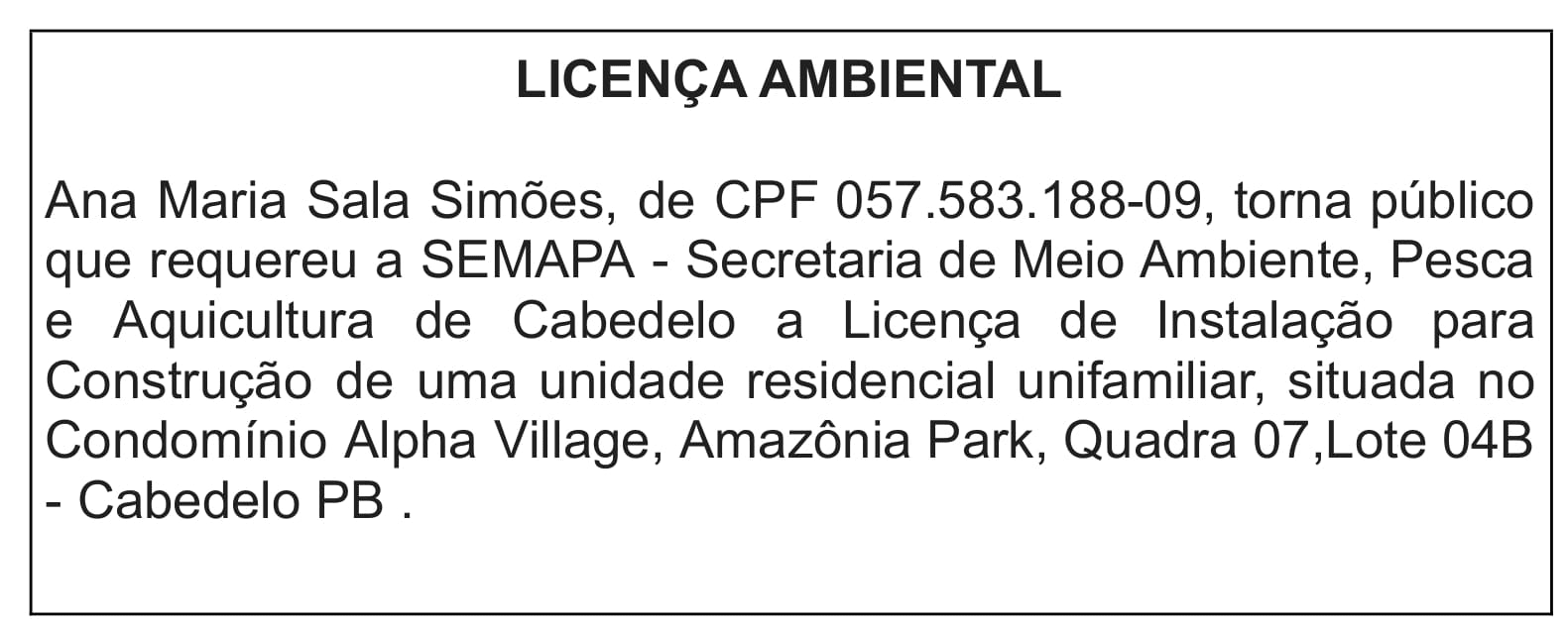 Ana Maria Sala Simões – Licença Ambiental