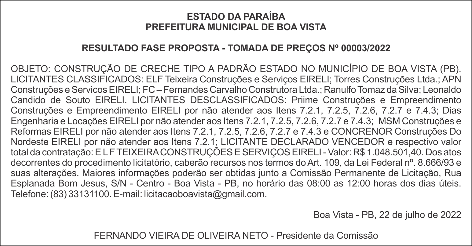 PREFEITURA MUNICIPAL DE BOA VISTA – RESULTADO FASE PROPOSTA – TOMADA DE PREÇOS Nº 00003/2022