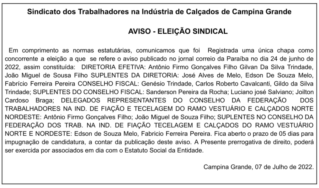 Sindicato dos Trabalhadores na Indústria de Calçados de Campina Grande – Aviso – Eleição Sindical