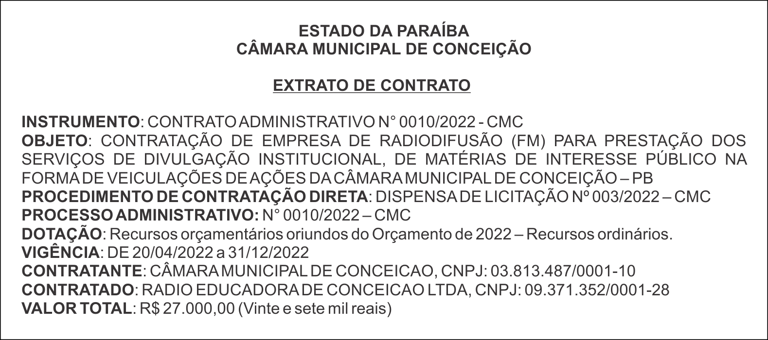 CÂMARA MUNICIPAL DE CONCEIÇÃO  – EXTRATO DE CONTRATO