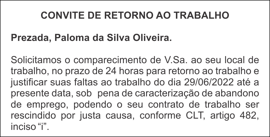 CONVITE DE VOLTA AO TRABALHO – Paloma da Silva Oliveira