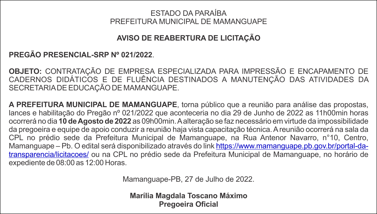 PREFEITURA MUNICIPAL DE MAMANGUAPE – AVISO DE REABERTURA DE LICITAÇÃO – PREGÃO PRESENCIAL-SRP Nº 021/2022.