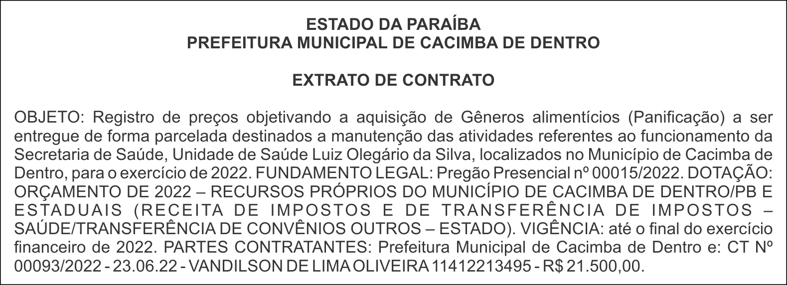 PREFEITURA MUNICIPAL DE CACIMBA DE DENTRO – EXTRATO DE CONTRATO