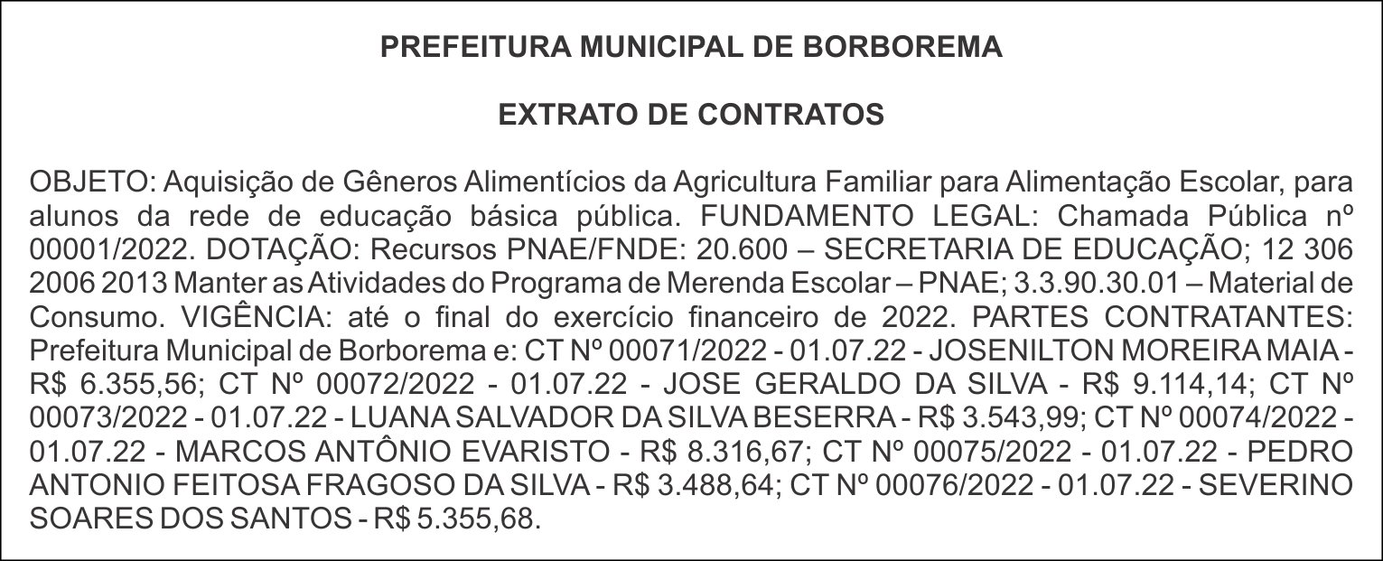 PREFEITURA MUNICIPAL DE BORBOREMA  EXTRATO DE CONTRATOS