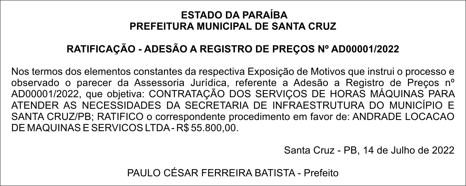 PREFEITURA MUNICIPAL DE SANTA CRUZ – RATIFICAÇÃO – ADESÃO A REGISTRO DE PREÇOS Nº AD00001/2022